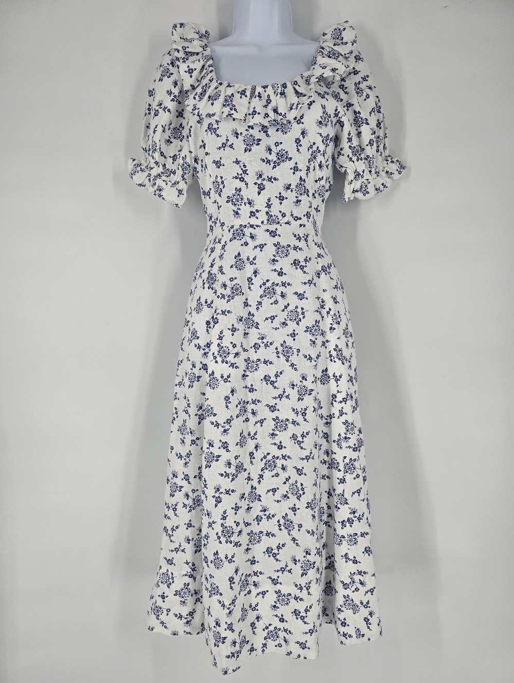 Polo Ralph Lauren Floral Ruffle Trim Linen Midi Dress White Blue Size 2